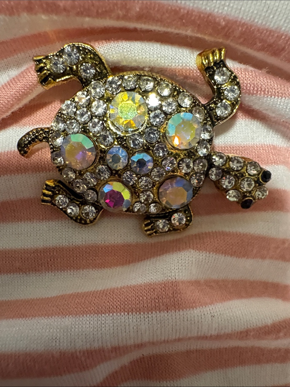 Crystal Turtle Brooch with Aurora Rhinestones